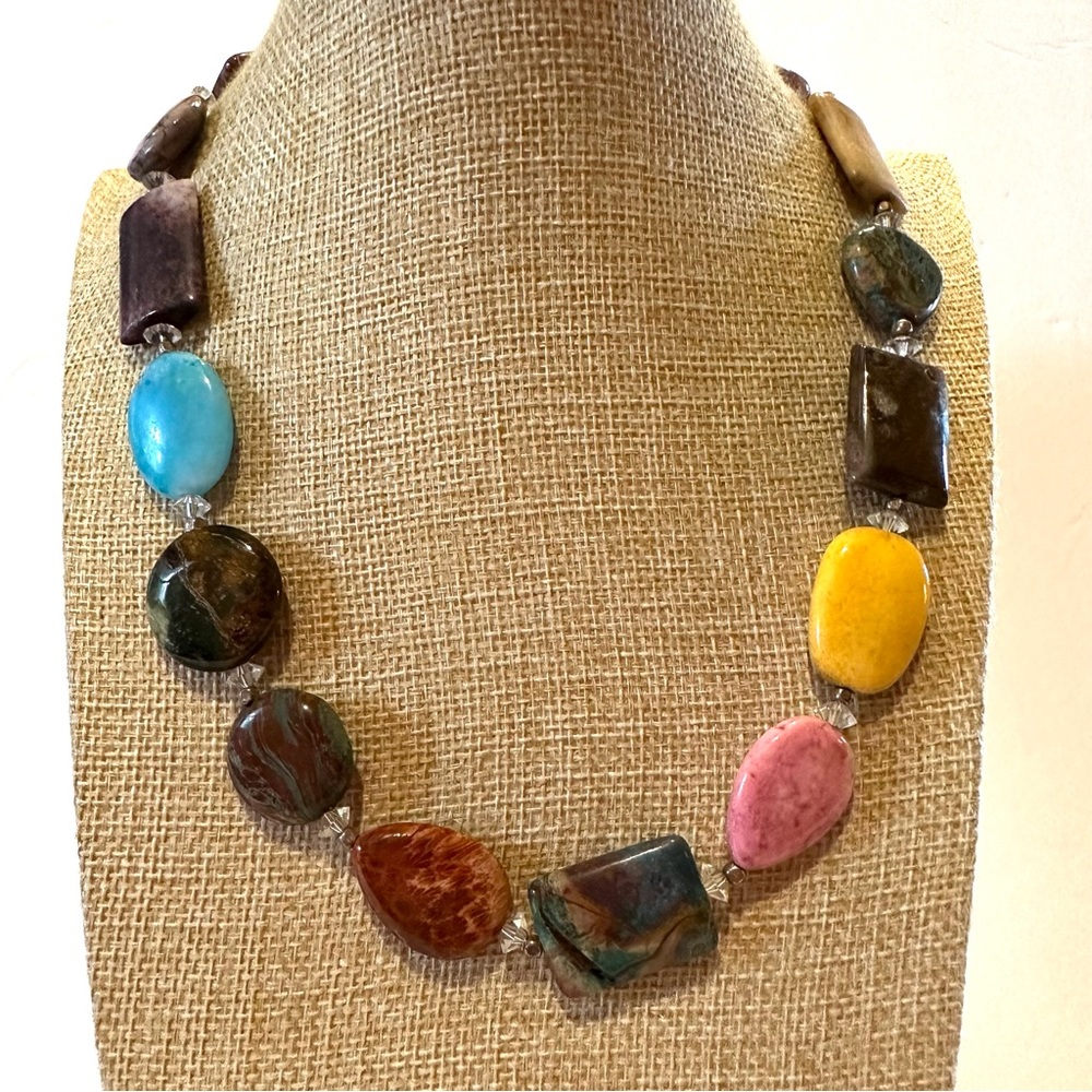 Multi Gemstone Genuine Collar Necklace in tans, browns, blue, yellow, pink